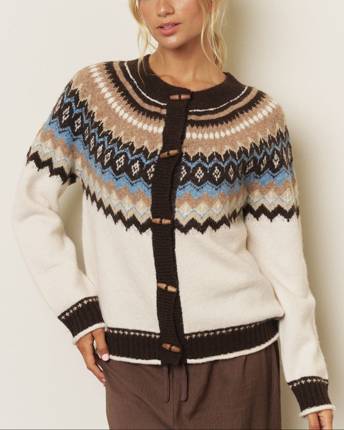 Fair Isle Toggle Button Knit Cardigan | Cream & Brown