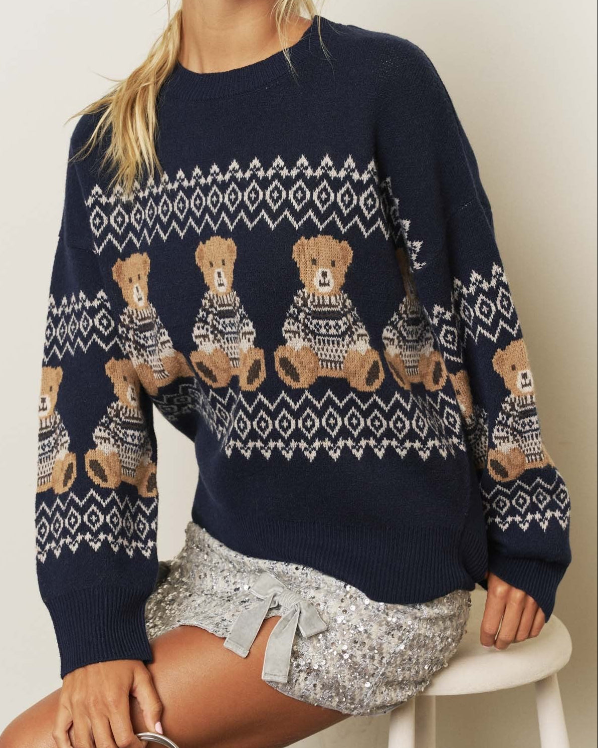 Navy Teddy Bear Fair Isle Knit Sweater