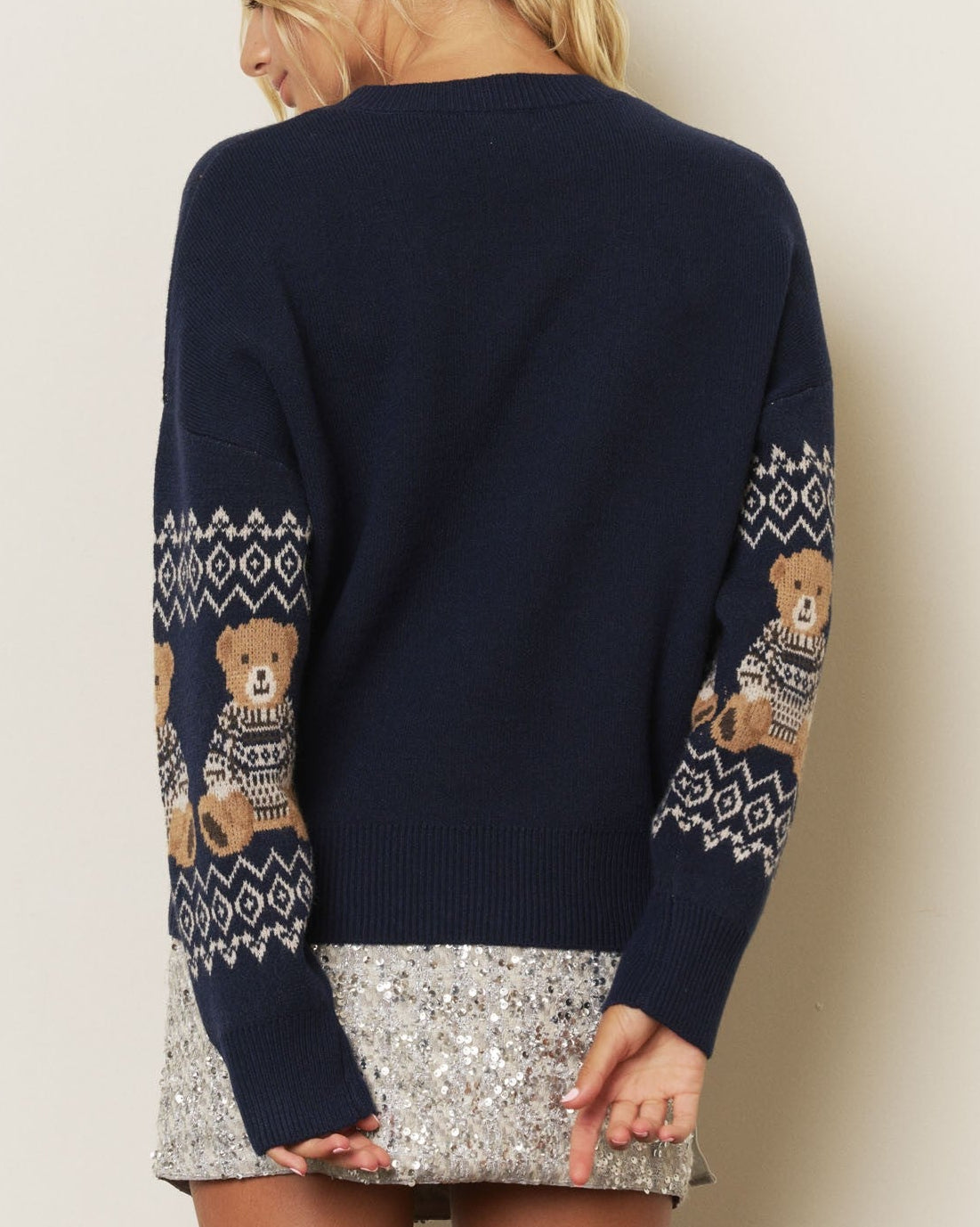 Navy Teddy Bear Fair Isle Knit Sweater