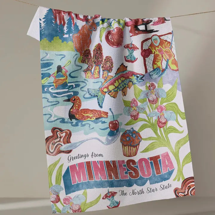Colorful towel with Minnesota-themed design on a plain background