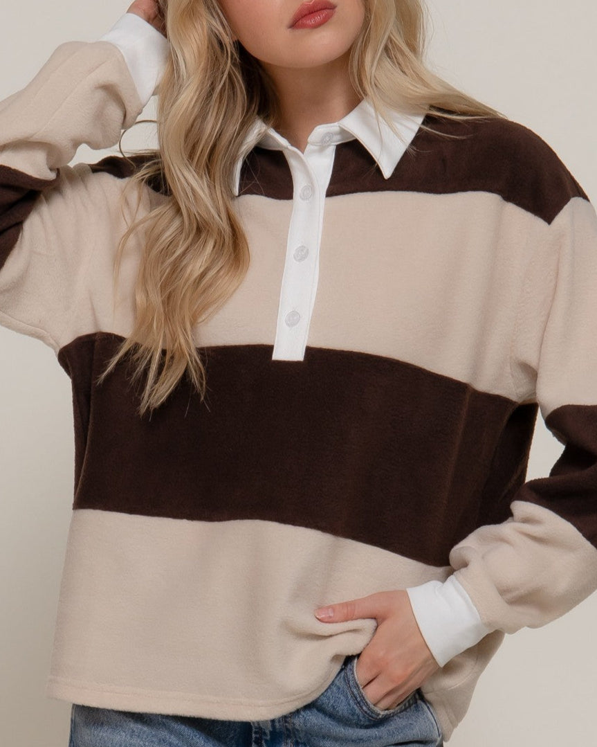 Long Sleeve Rugby Stripe Fleece Polo Top