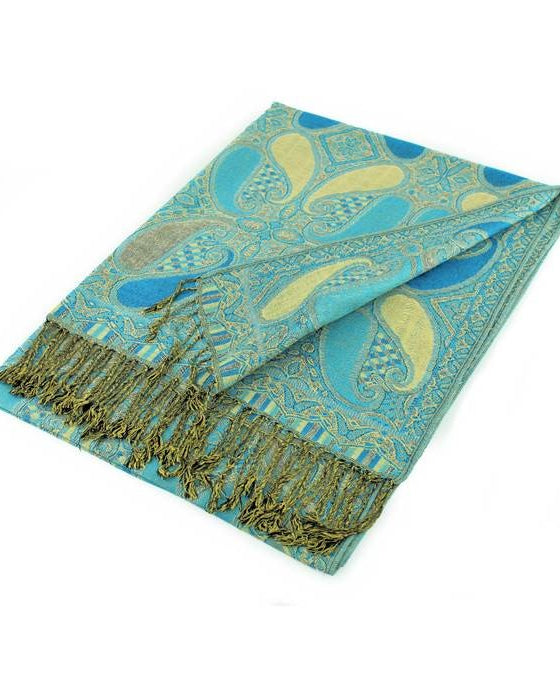 Teal and gold paisley patterned scarf with fringes on a white background