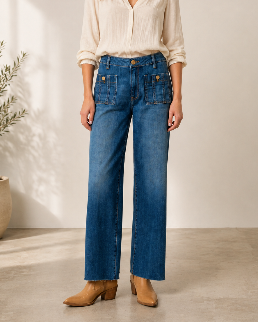 A woman stands in a bright studio wearing blue wide-leg jeans, a cream button-up blouse, and tan ankle boots. The background is a warm off-white wall with soft sunlight shadows and a potted plant on the left.