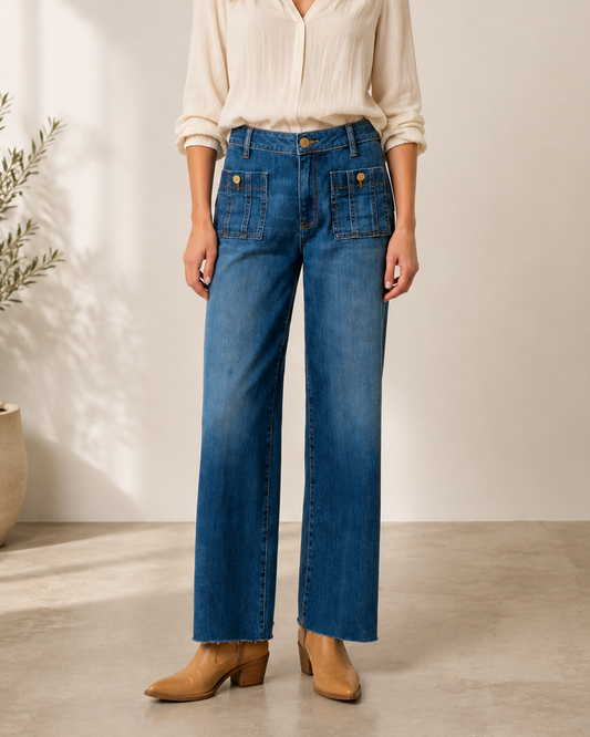 A woman stands in a bright studio wearing blue wide-leg jeans, a cream button-up blouse, and tan ankle boots. The background is a warm off-white wall with soft sunlight shadows and a potted plant on the left.