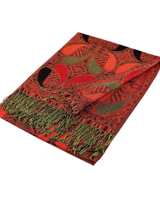 Red and green patterned scarf with fringes on a white background