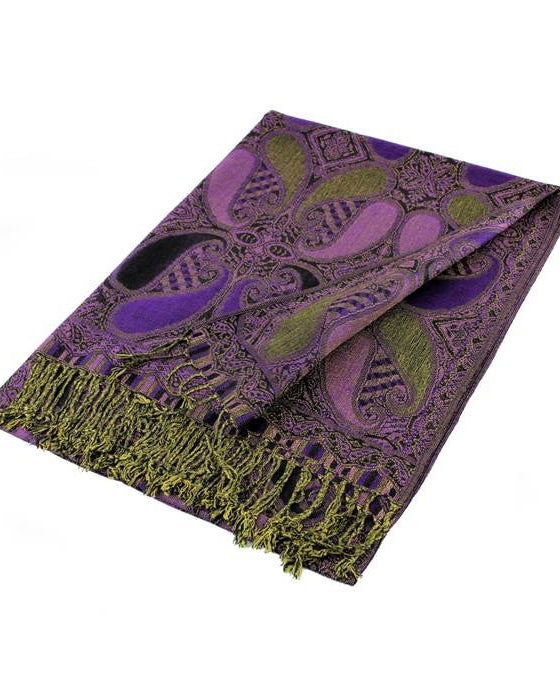 Purple and green patterned scarf with fringes on a white background
