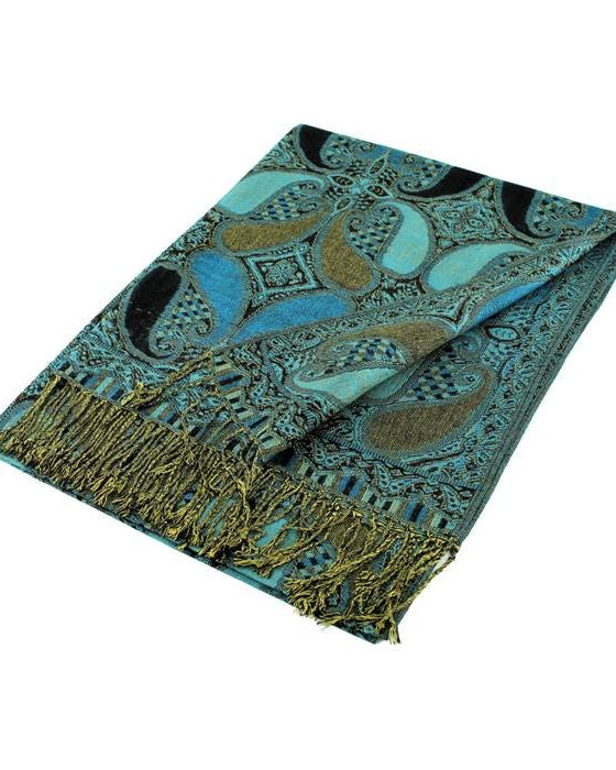 Patterned scarf with fringes on a white background