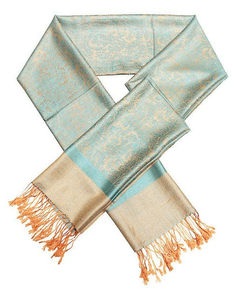Teal and beige scarf with orange fringes on a white background