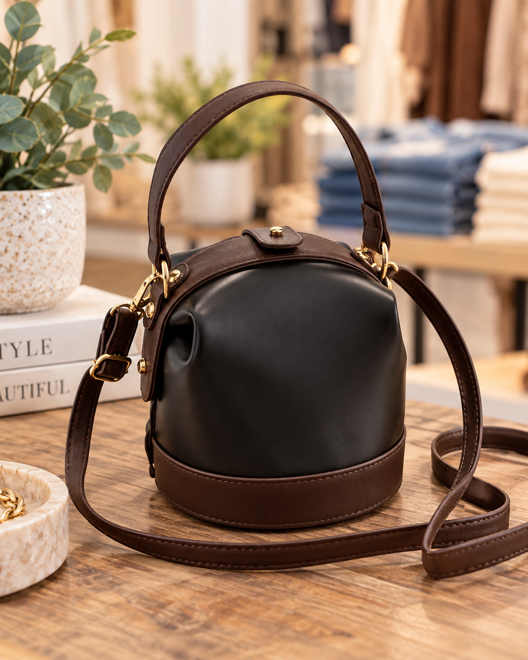 Two-Tone Mini Bucket Crossbody Bag