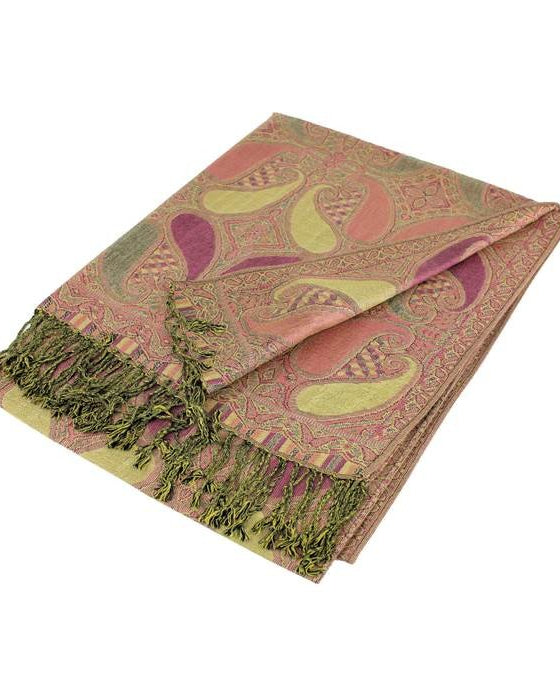 Patterned scarf with green tassels on a white background