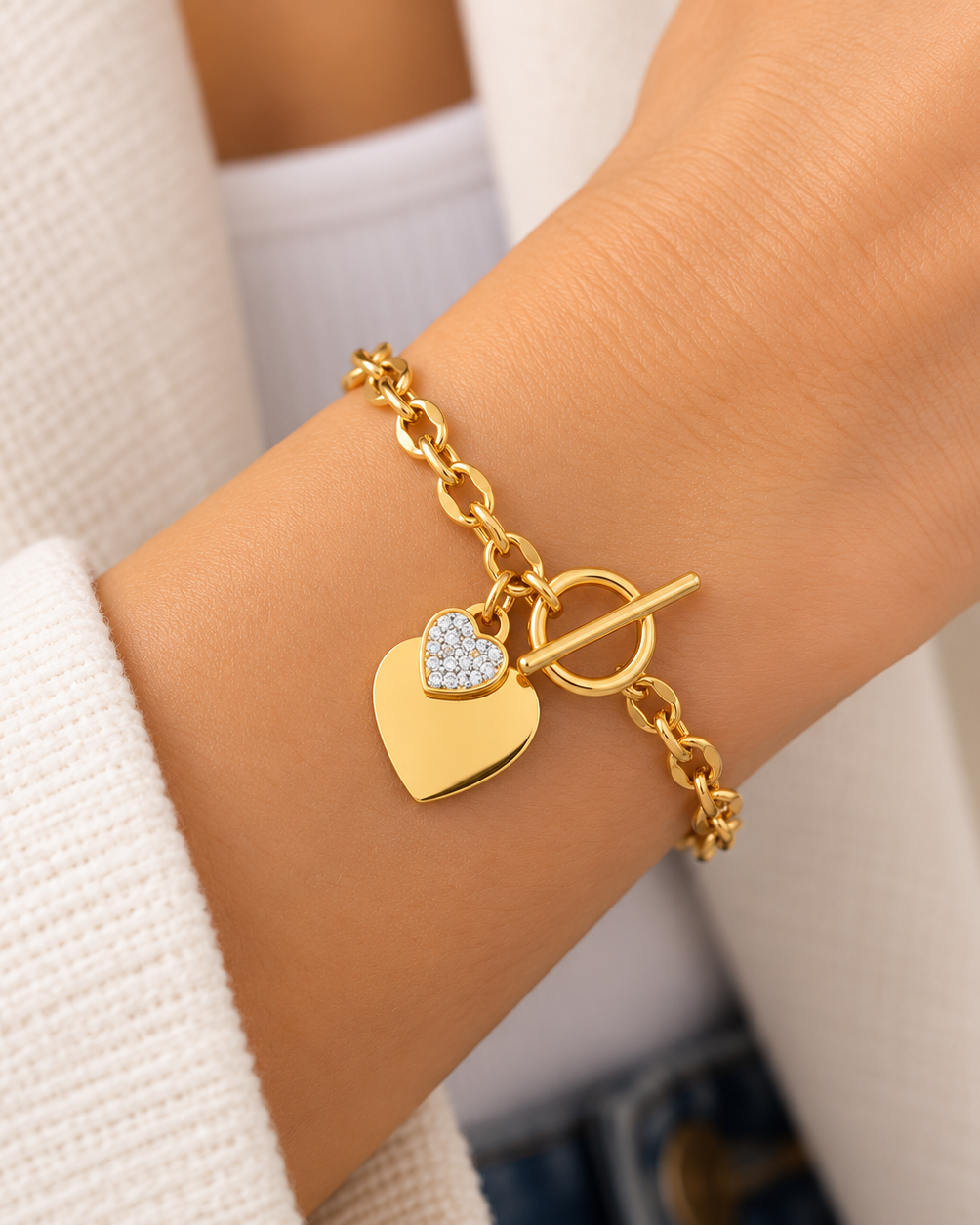 Heart Charm Stainless Steel Toggle Bracelet