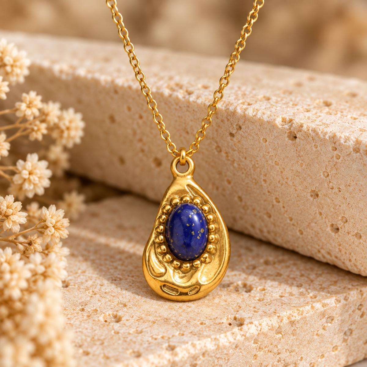 Gold Teardrop Stone Pendant Necklace | 18K Gold-Plated Stainless Steel