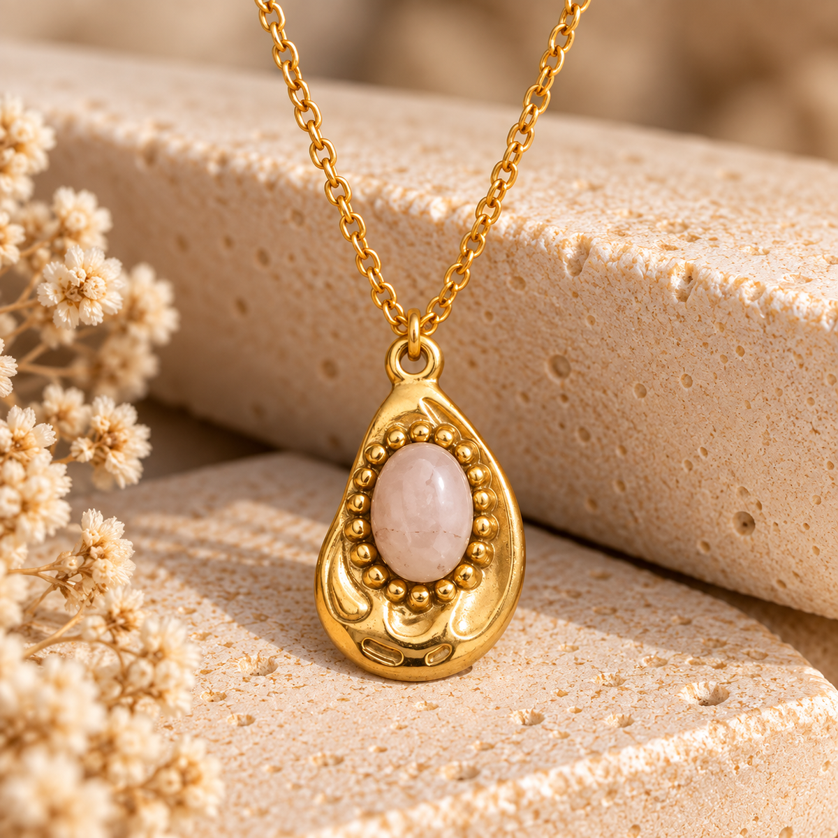 Gold Teardrop Stone Pendant Necklace | 18K Gold-Plated Stainless Steel