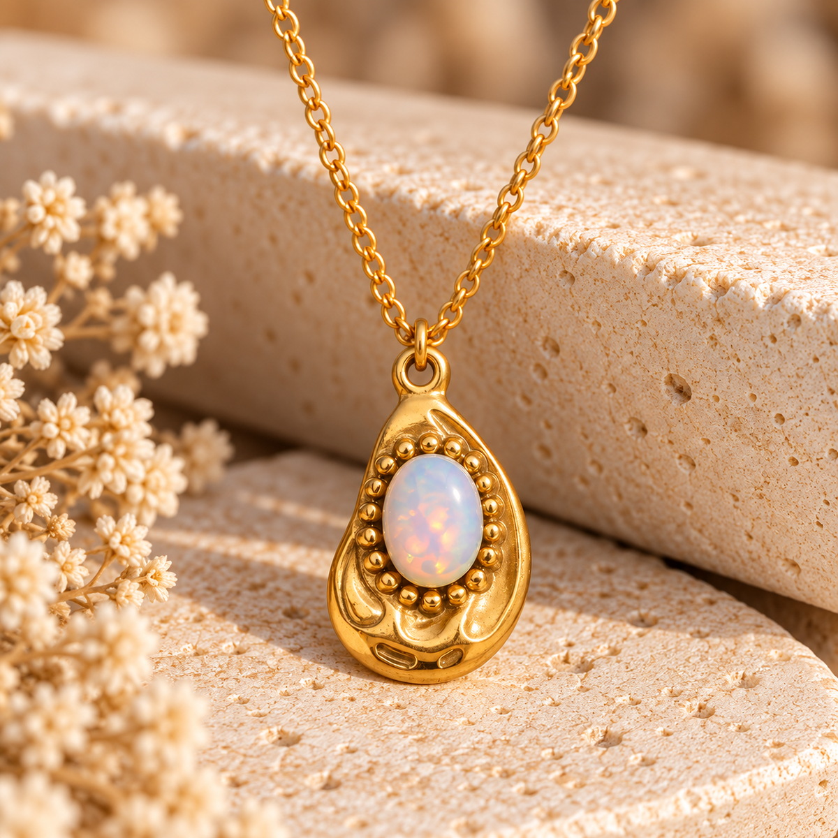 Gold Teardrop Stone Pendant Necklace | 18K Gold-Plated Stainless Steel