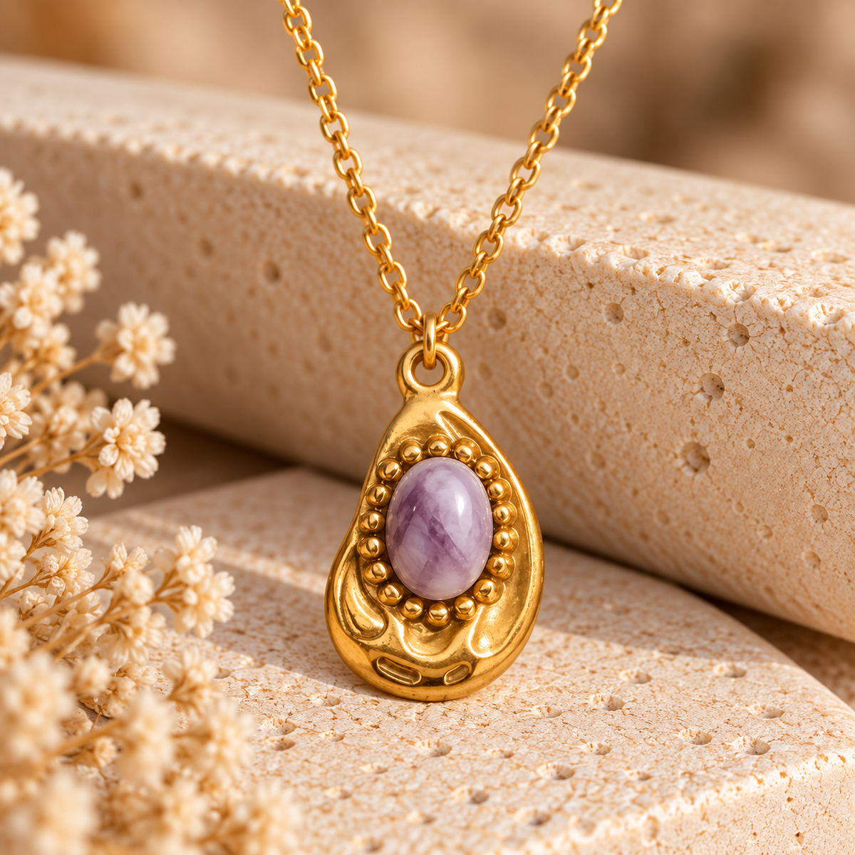 Gold Teardrop Stone Pendant Necklace | 18K Gold-Plated Stainless Steel