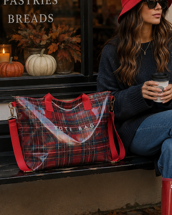 A woman sits on a bench outside a storefront wearing a red bucket hat, dark sweater, blue jeans, and bright red rain boots, holding a takeaway coffee cup. A red plaid tote bag with a clear front panel rests beside her on the bench.
