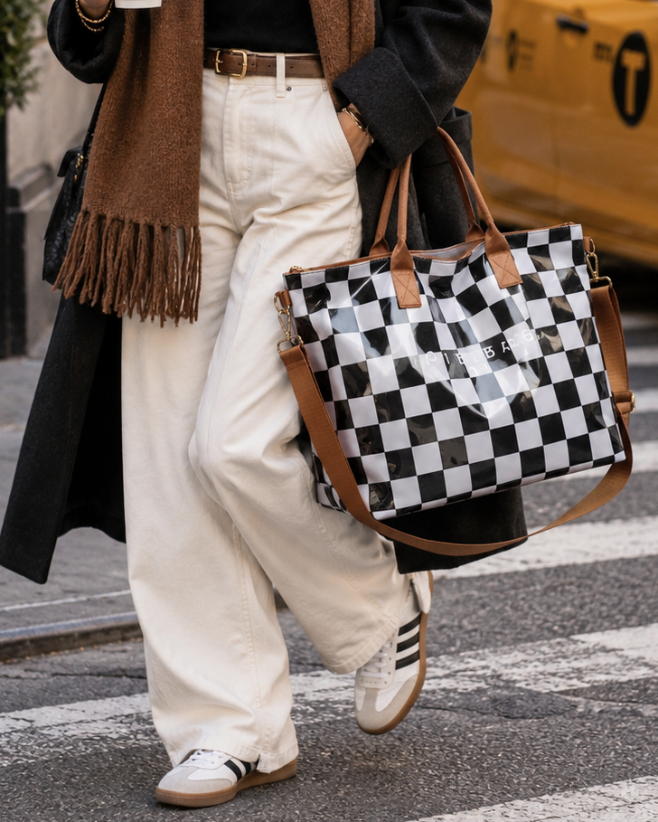 A woman walking on a city street wearing a black coat, black top, cream wide-leg pants, a brown scarf, and carrying a black-and-white checkered tote bag with brown leather handles.