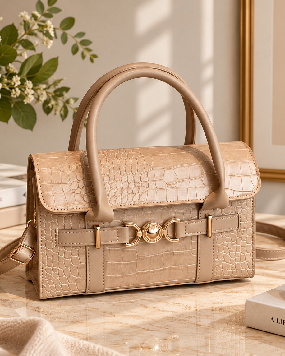 A structured beige handbag with an embossed crocodile pattern, double top handles, and gold-tone hardware, styled on a marble tabletop with books, sunglasses, a bowl of jewelry, and a framed print in a warm interior setting.