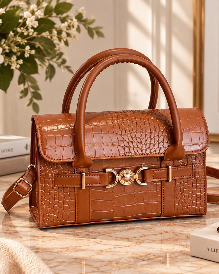 A structured brown crocodile-embossed handbag with dual top handles and a front buckle closure, styled on a marble tabletop with books, flowers, sunglasses, and a framed print in a warm interior setting.