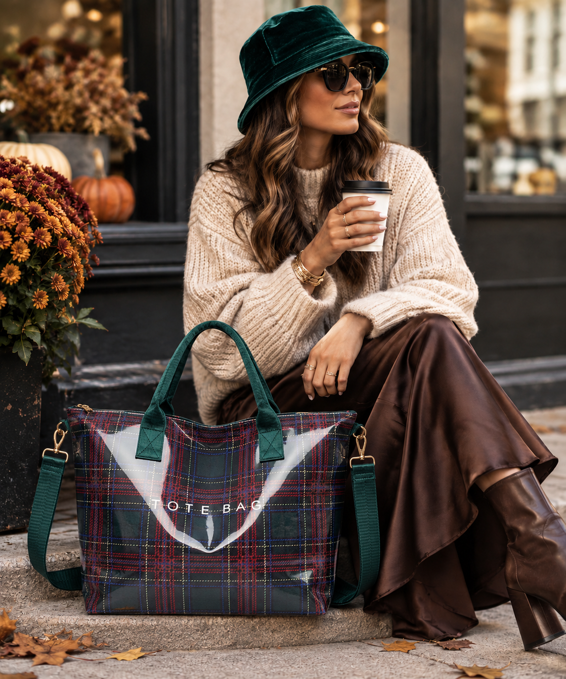 A woman sits on a city sidewalk wearing a dark green velvet bucket hat, sunglasses, a cream knit sweater, and a brown satin skirt, holding a coffee cup next to a Kote Bag plaid tote bag.