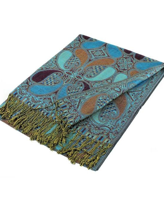 Patterned scarf with fringes on a white background