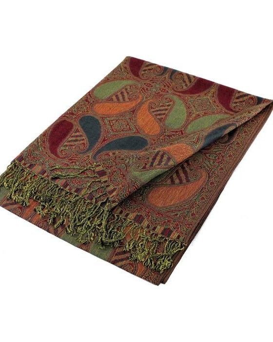 Folded patterned scarf with fringes on a white background