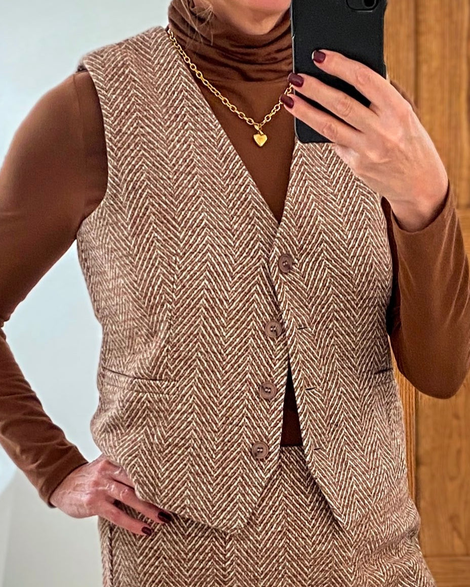 Herringbone Wool Blend Tweed Tailored Vest