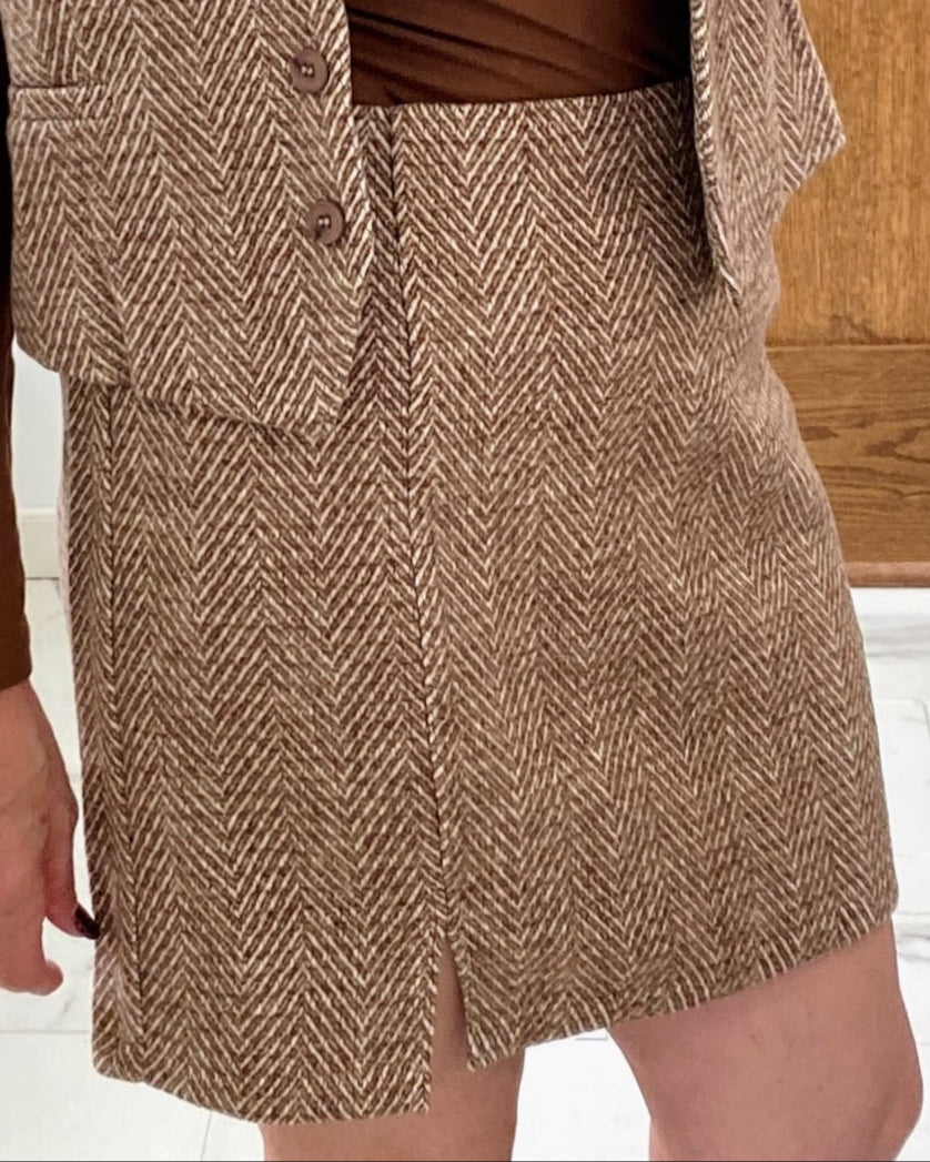 Herringbone Wool Blend Tweed Mini Skirt