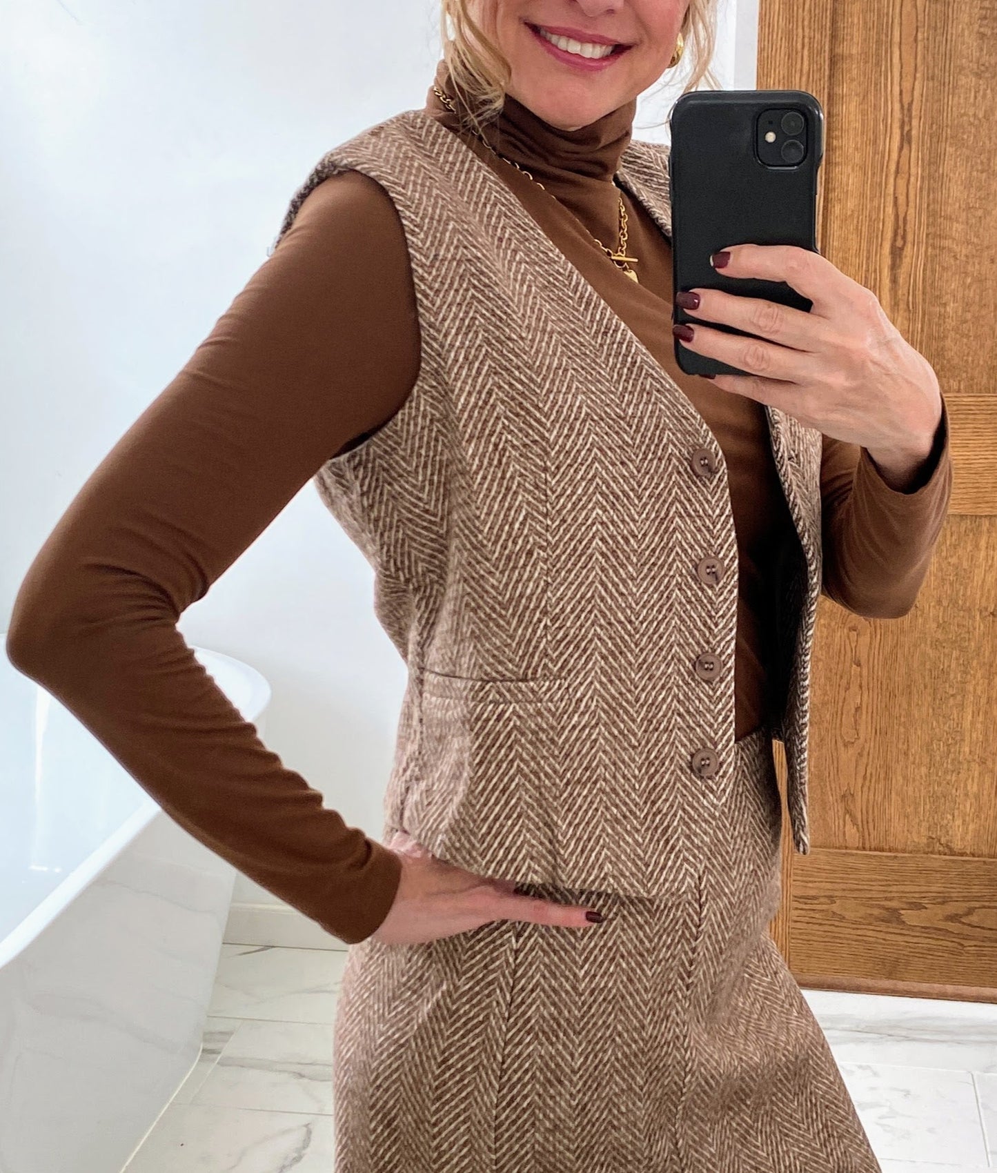 Herringbone Wool Blend Tweed Tailored Vest