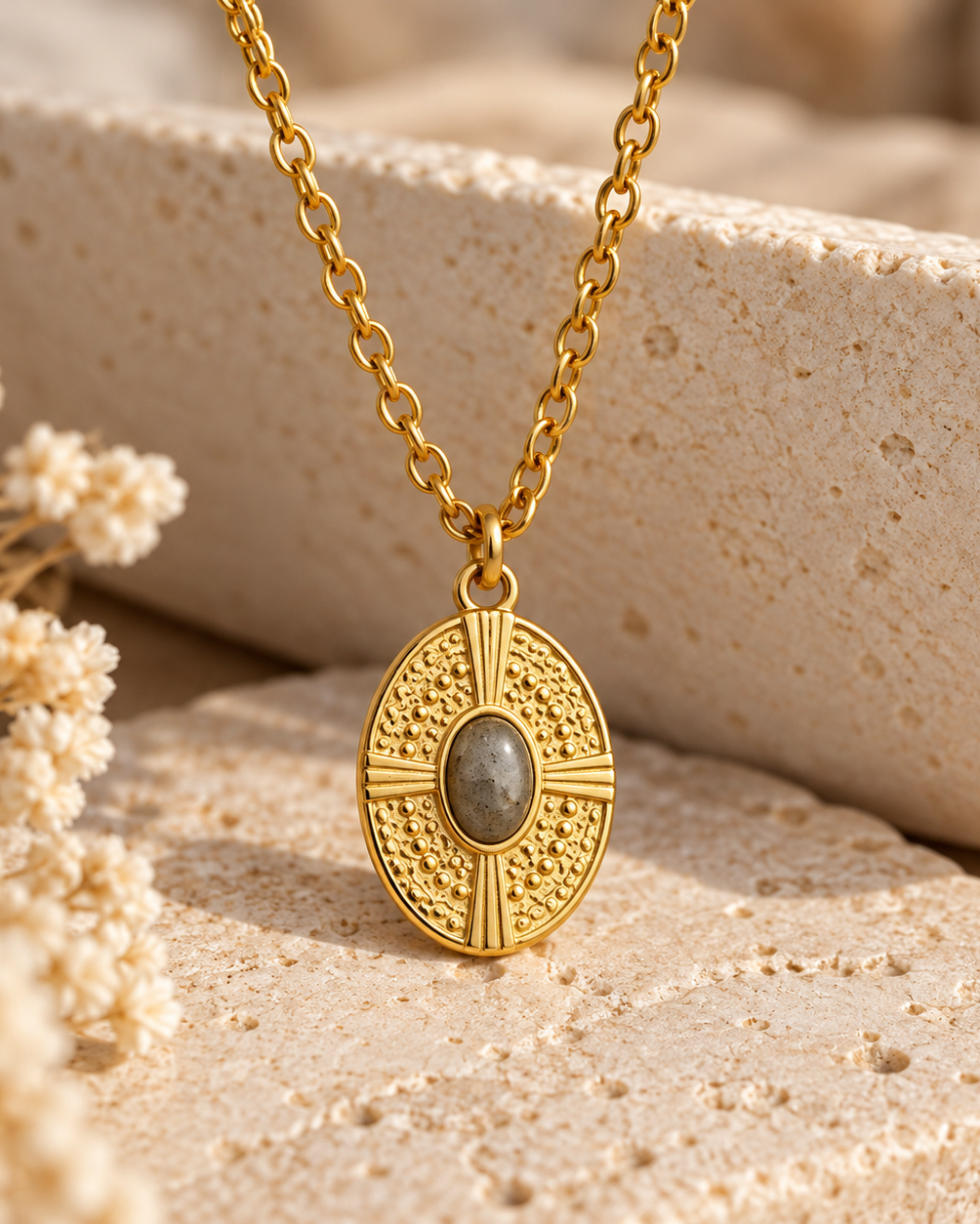 A gold pendant necklace with an oval, textured design and a central gray stone, displayed on a beige stone surface with dried flowers.