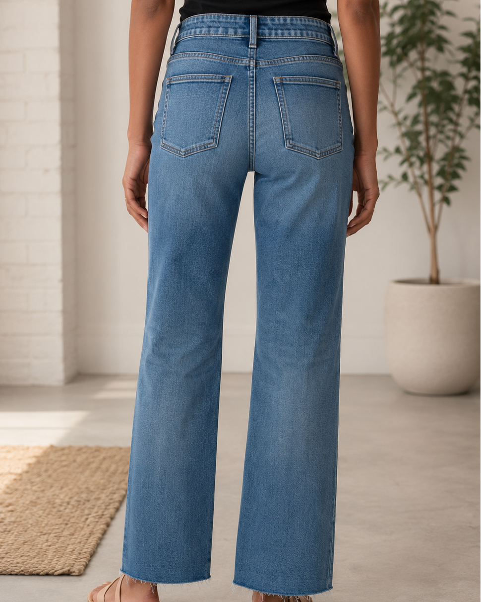A person shown from the back wearing light blue wide-leg denim jeans, a black top, and tan flat sandals in a bright indoor room with a plant and rug.
