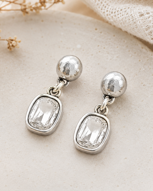 Silver earrings with clear gemstones on a beige plate with dried flowers and fabric.