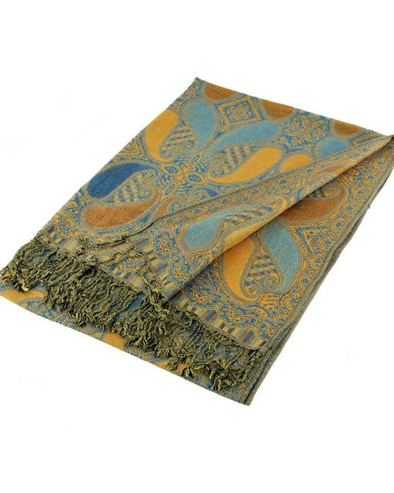 Folded paisley patterned scarf with fringes on a white background