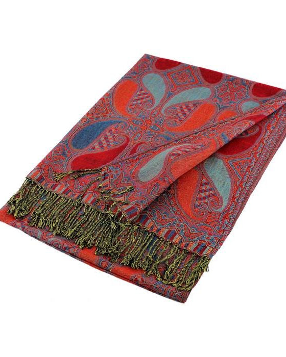 Paisley patterned scarf with fringes on a white background