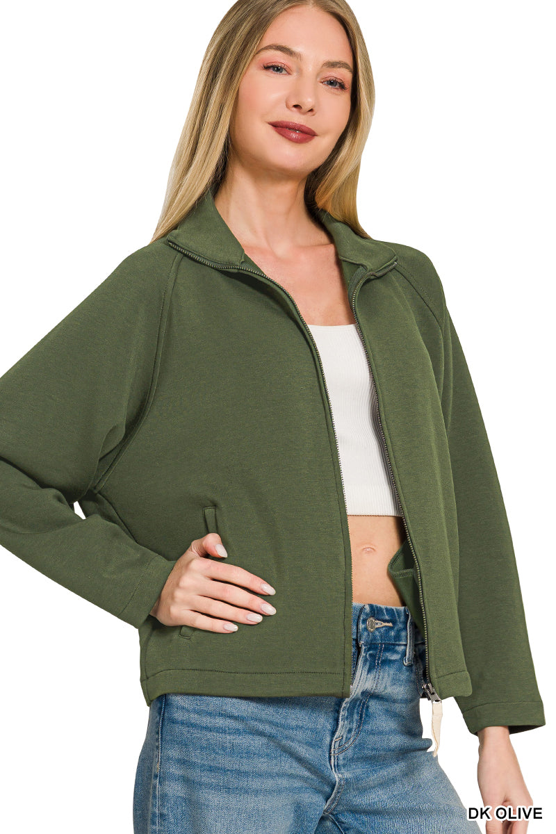 Dark Olive Scuba Pleat Back Full Zip
