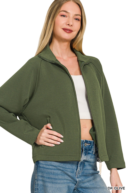 Dark Olive Scuba Pleat Back Full Zip