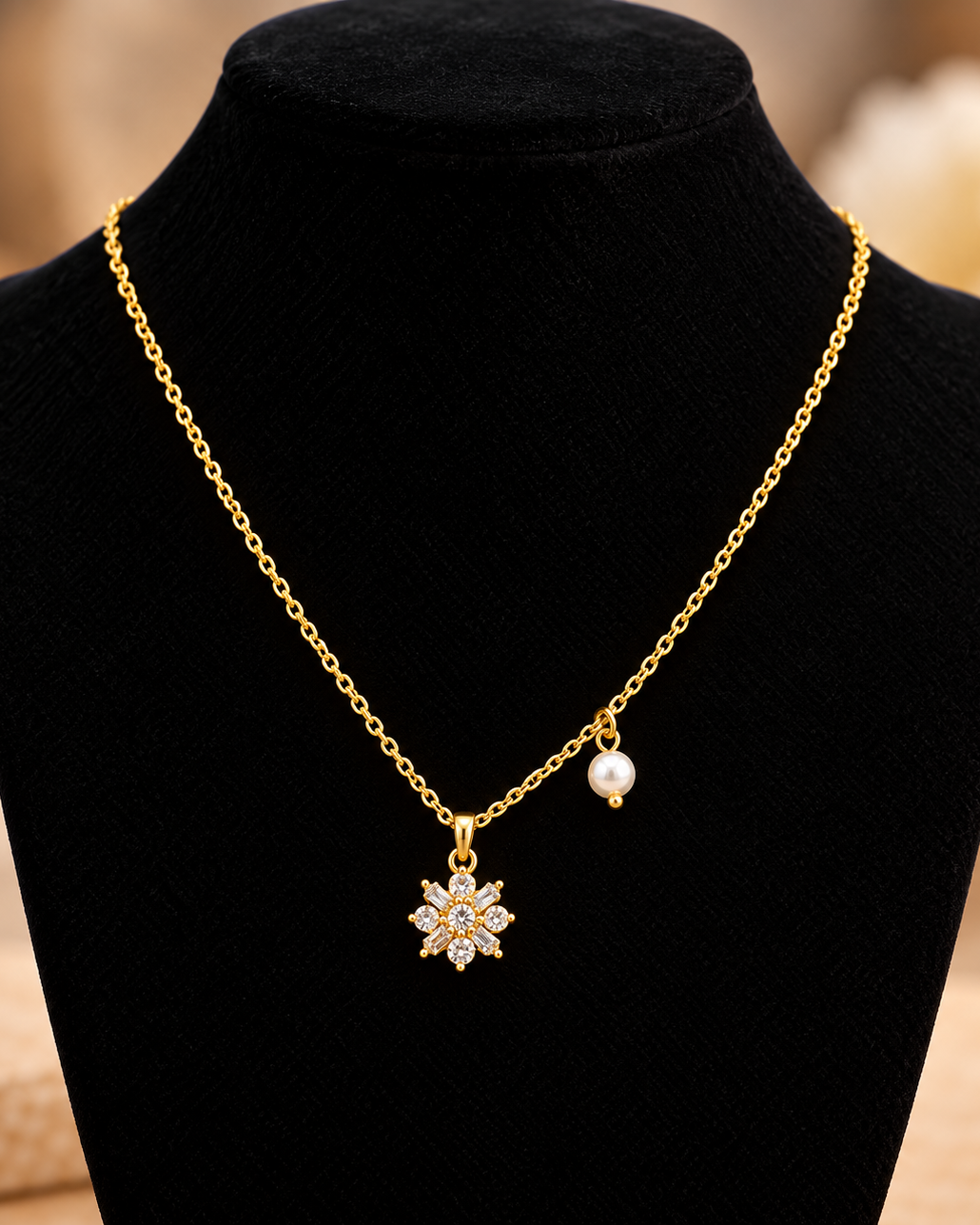 Gold Crystal Flower & Pearl Charm Necklace | Stainless Steel