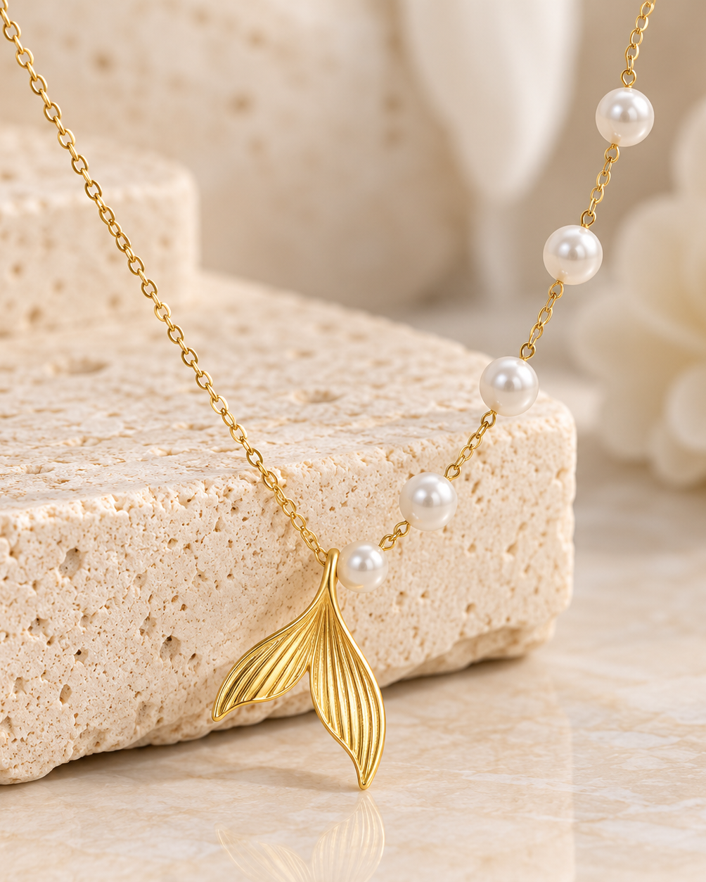 Gold Fish Tail & Pearl Pendant Necklace