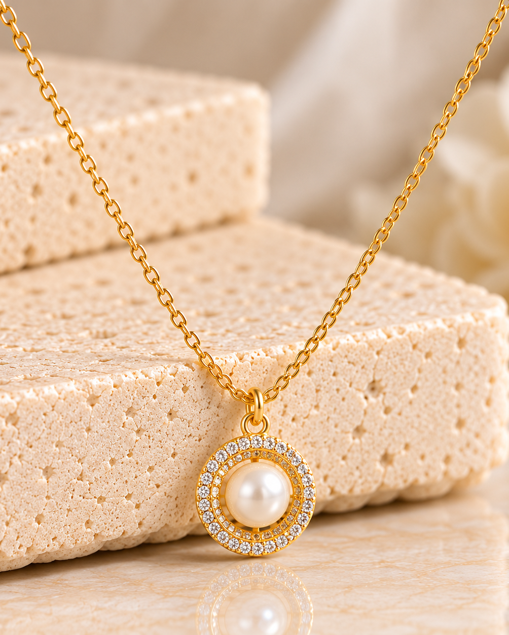 Gold Pearl Circle Pendant Necklace | Stainless Steel