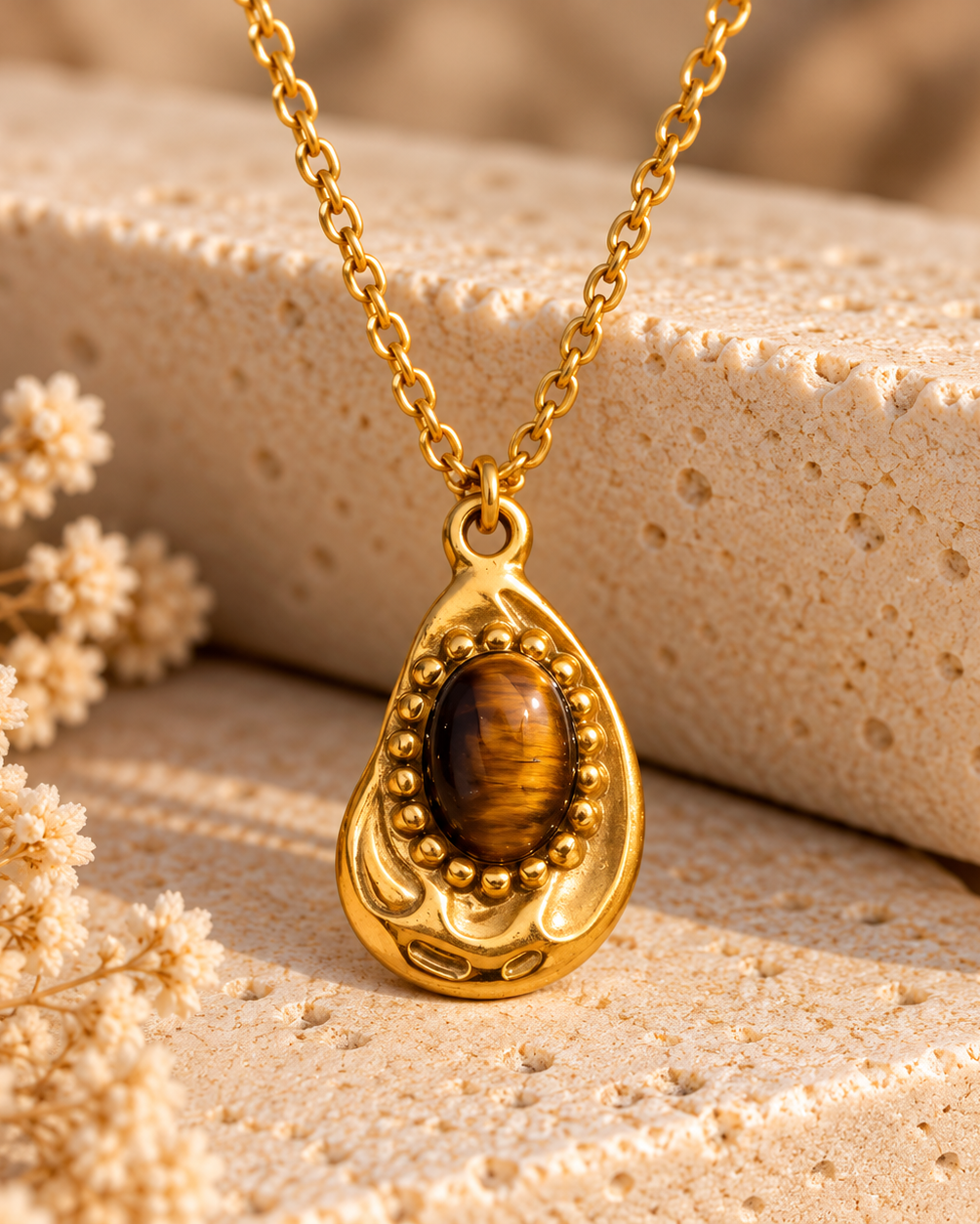 A gold teardrop pendant necklace with a brown tiger's eye stone, displayed on a textured beige stone surface with dried flowers.