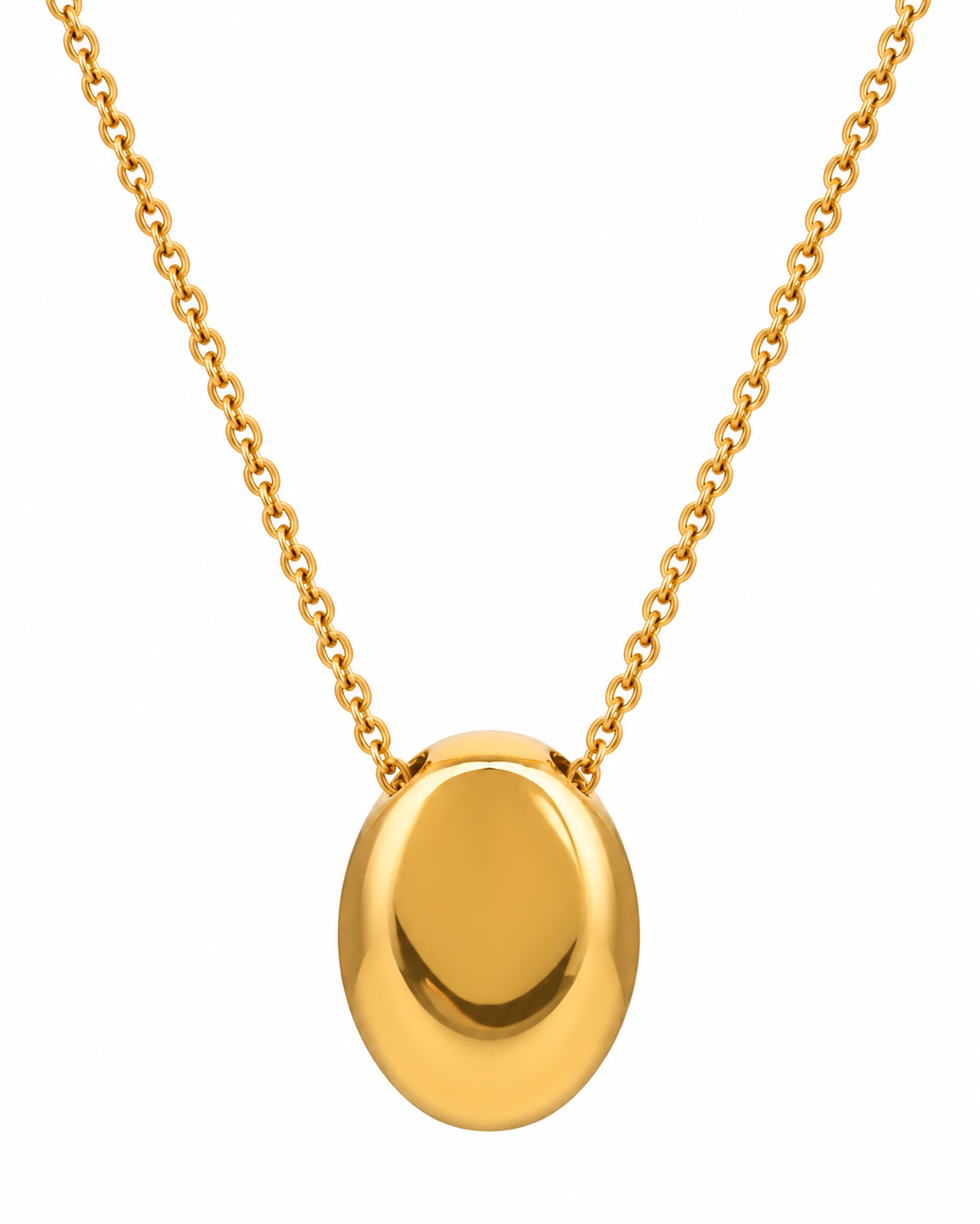 A polished gold oval pendant necklace on a delicate gold chain, shown against a solid white background.
