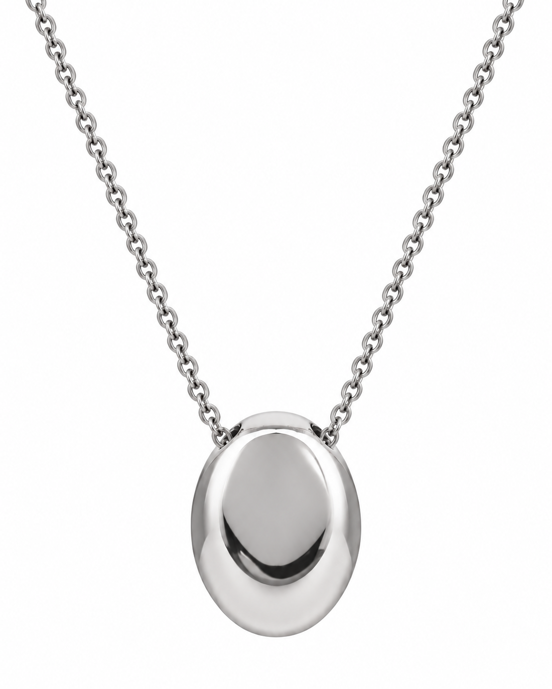 A polished silver oval pendant necklace on a delicate silver cable chain, shown against a plain white background.