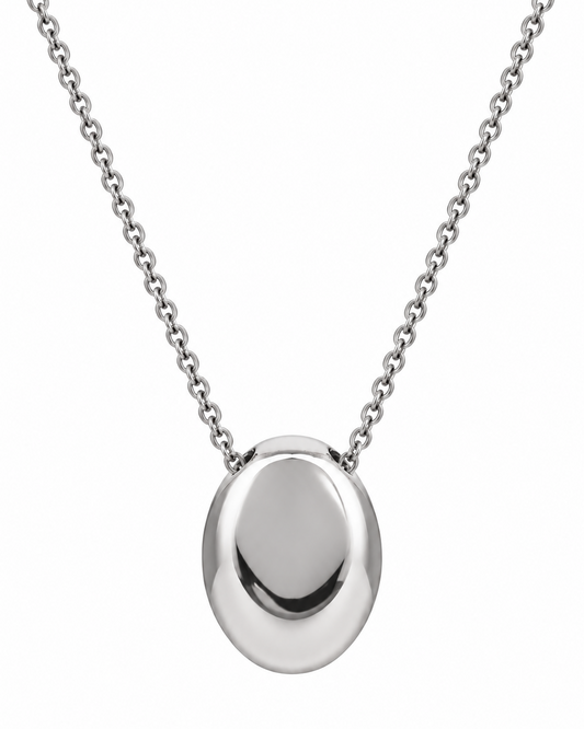 A polished silver oval pendant necklace on a delicate silver cable chain, shown against a plain white background.