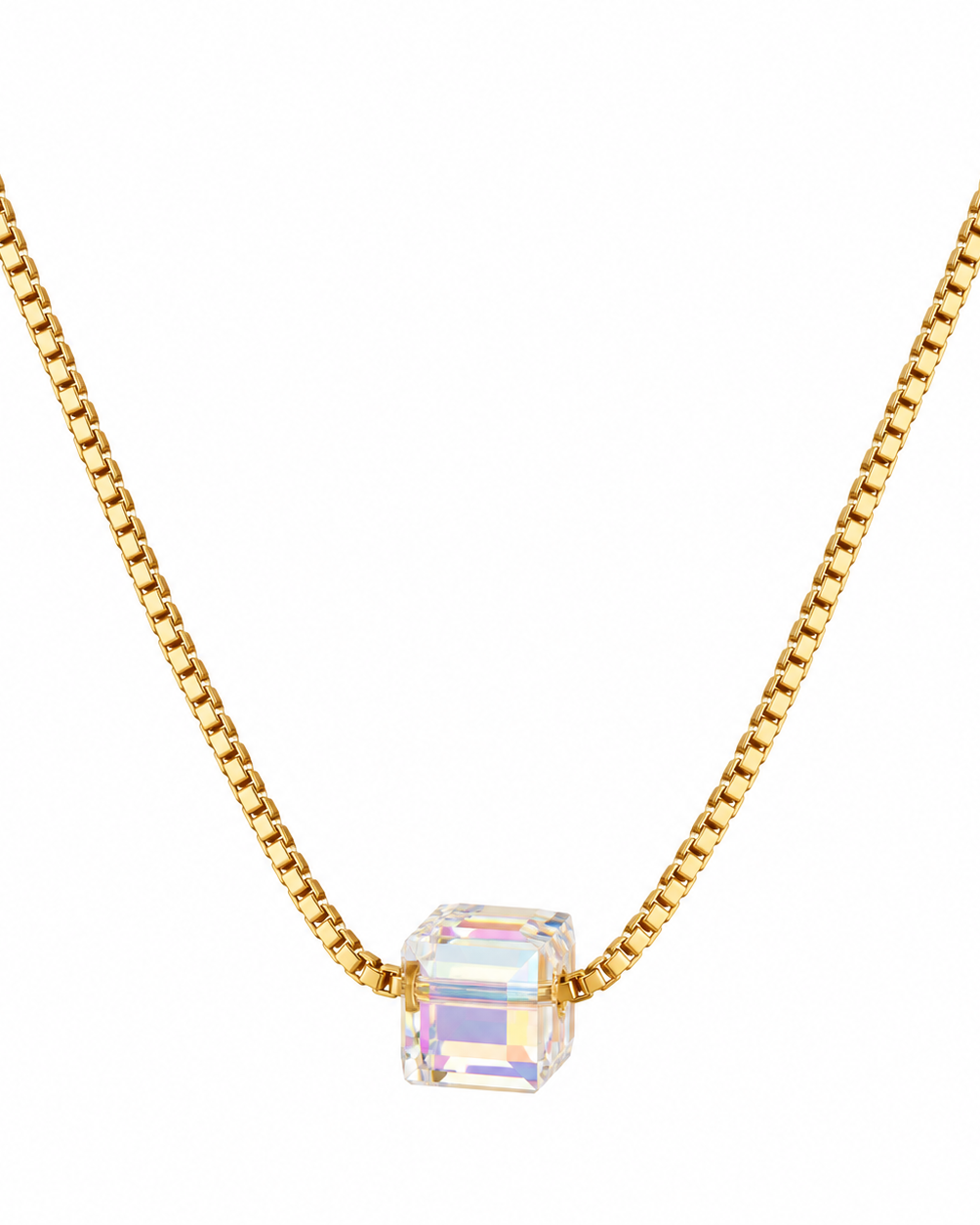 A gold chain necklace featuring a square-cut iridescent crystal pendant, displayed against a solid white background.