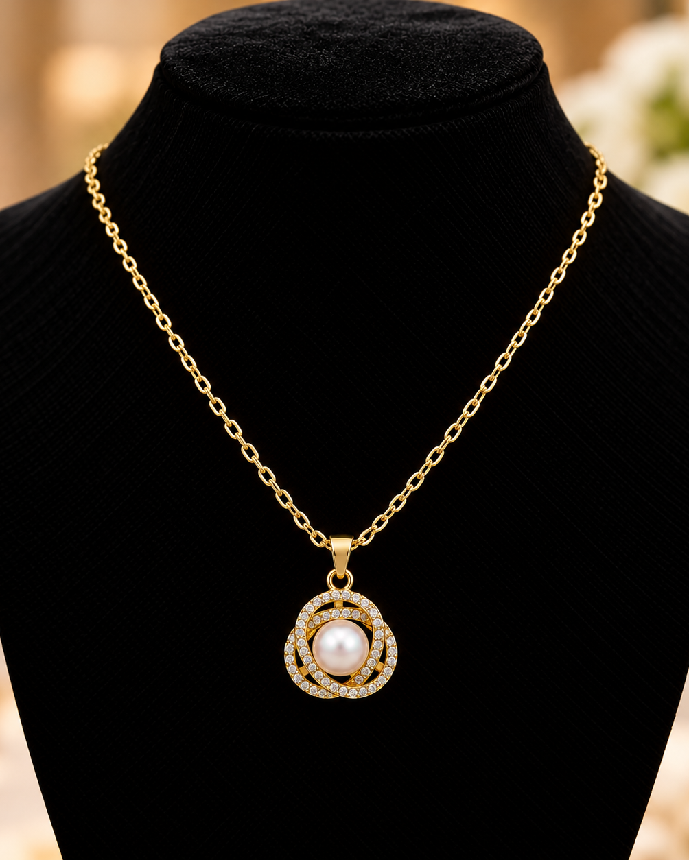 A gold chain necklace with a circular pendant featuring a central white pearl and surrounding clear stones, displayed on a black jewelry bust.