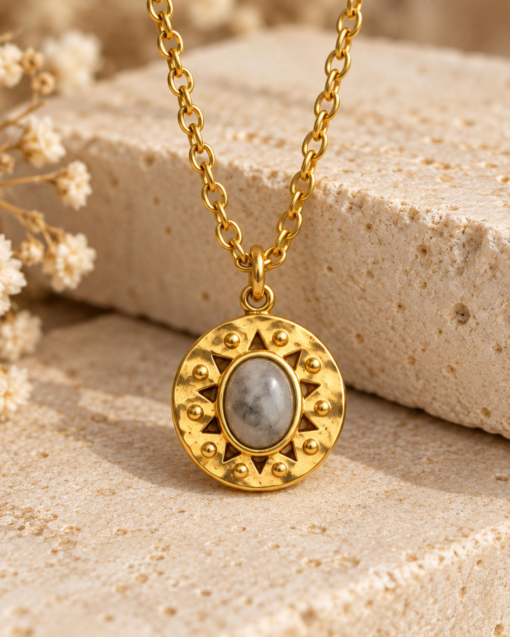 Gold Sunburst Medallion Necklace | Stainless Steel