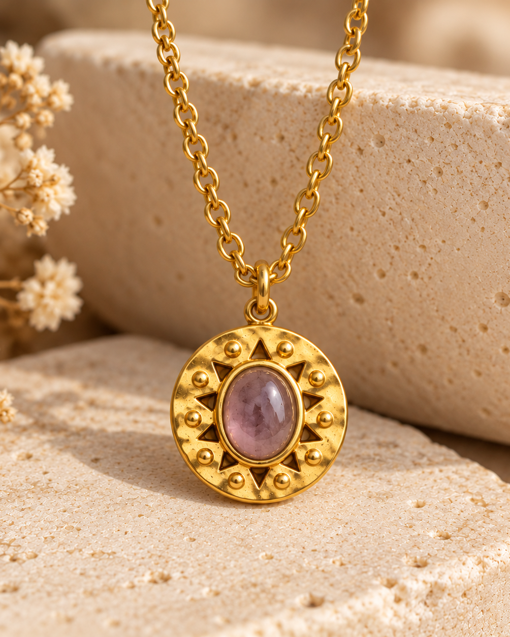 Gold Sunburst Medallion Necklace | Stainless Steel