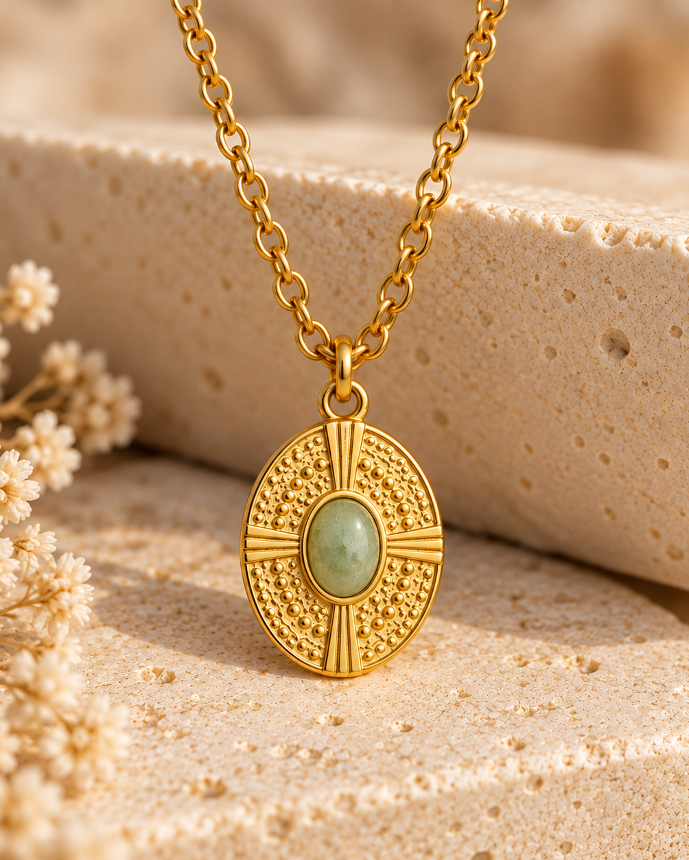A gold pendant necklace with an oval textured design and a central light green stone, displayed on a beige stone surface with dried flowers.