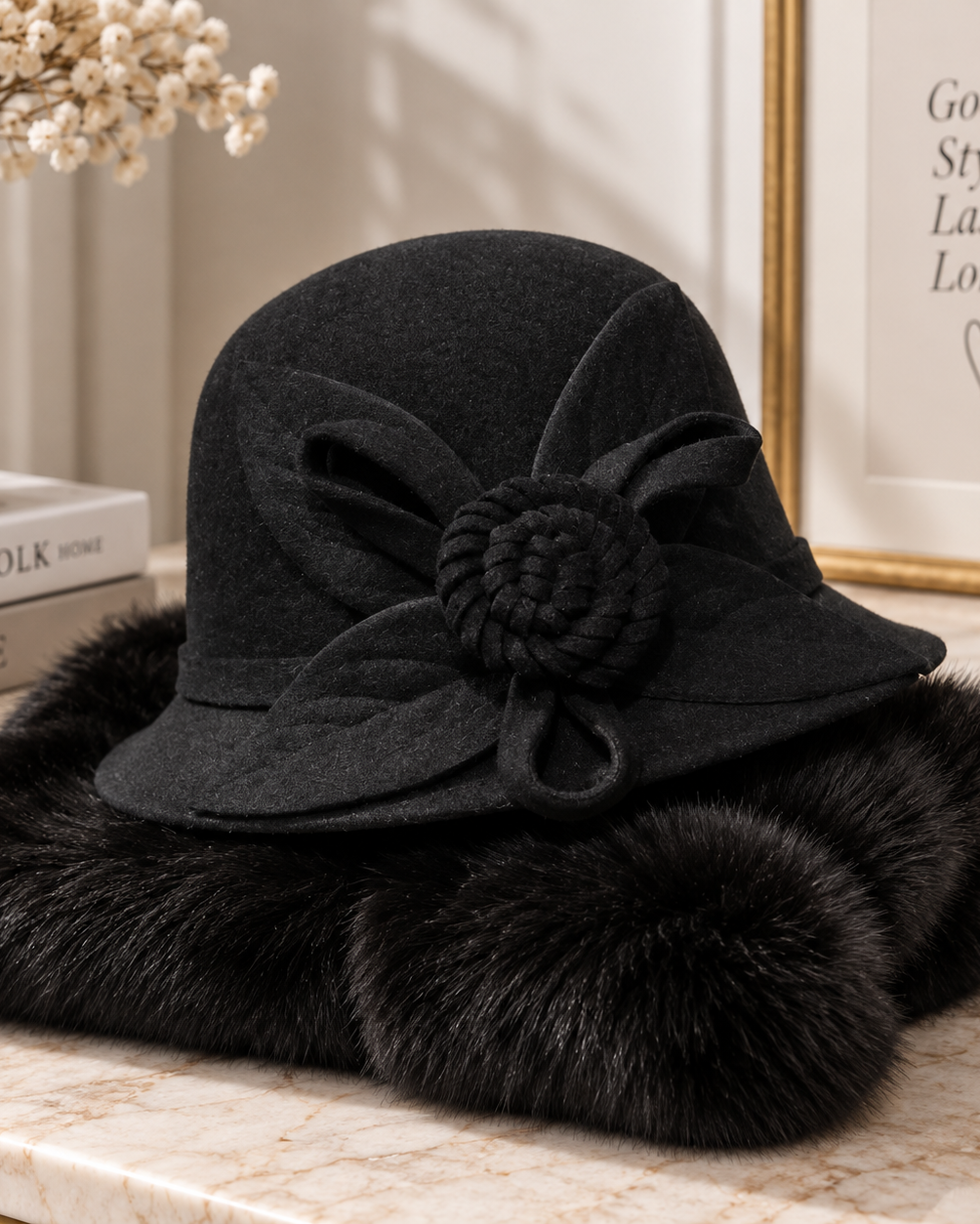 A black felt cloche hat with a large bow and knotted floral embellishment, trimmed with black fur, displayed on a marble surface with decorative books, a vase, and framed wall art in the background.