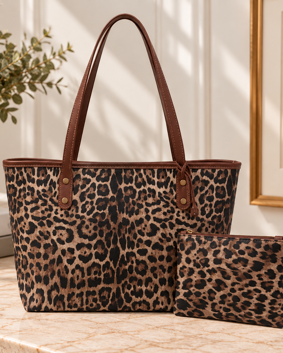 A leopard-print tote bag with brown leather handles sits on a marble surface next to a matching zip pouch. The scene includes a potted plant, books, and framed wall art in a styled indoor setting.